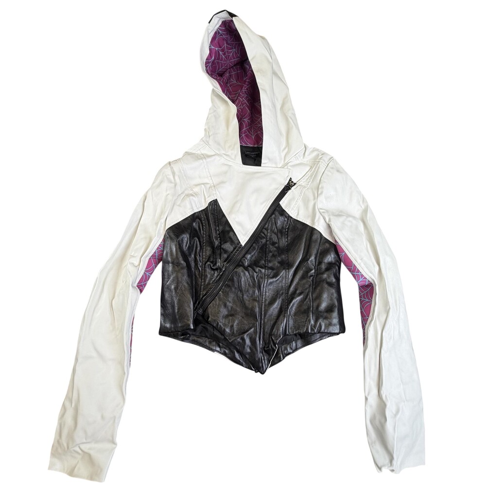Marvel By Her Universe Jacket Womens Small White Hooded Faux Leather Spider Web